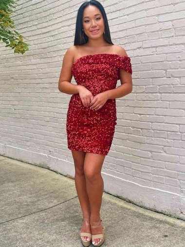 Affordable Short One Shoulder Sleeveless Velvet Sequin Cocktail Homecoming Dress / Prom Dress UK