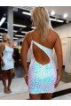 Affordable One Shoulder Keyhole Back Sleeveless Short Velvet Sequin Homecoming Dress / Prom Dress UK