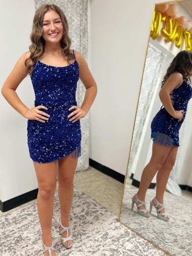 Affordable Spaghetti Straps Backless Sleeveless Short Velvet Sequin Homecoming Dress / Prom Dress UK