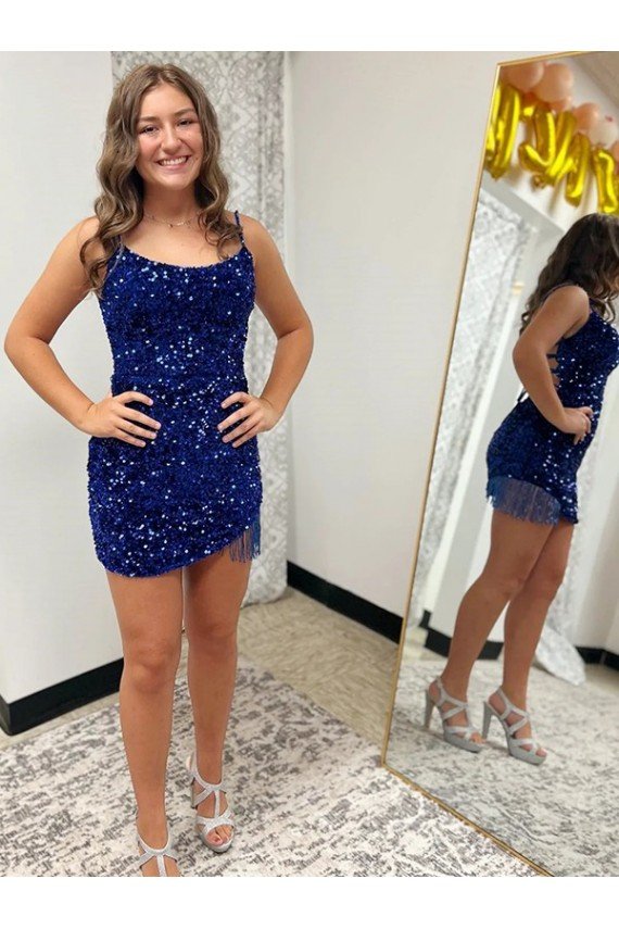 Affordable Spaghetti Straps Backless Sleeveless Short Velvet Sequin Homecoming Dress / Prom Dress UK