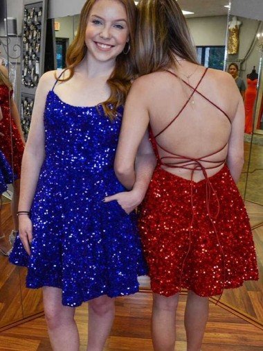 Affordable A-Line Spaghetti Straps Sleeveless Short Velvet Sequin Homecoming Dress / Prom Dress UK