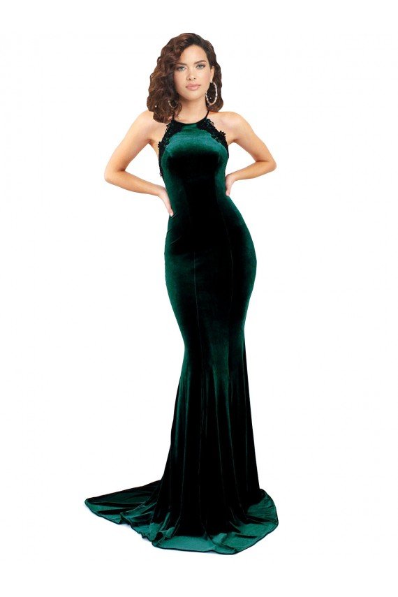 Affordable High Neck Formal Stretch Velvet Bridesmaid Dress / Prom Dress with Black Lace Embroidery UK