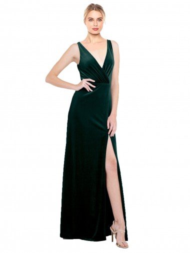 Affordable Sleek V-Neck Long Formal Velvet Bridesmaid Dress / Prom Dress with Side Slit UK