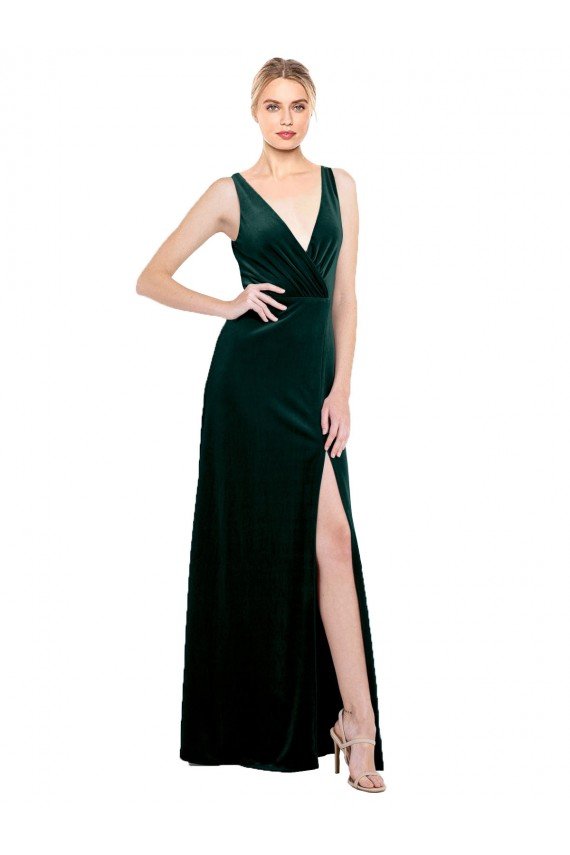 Affordable Sleek V-Neck Long Formal Velvet Bridesmaid Dress / Prom Dress with Side Slit UK