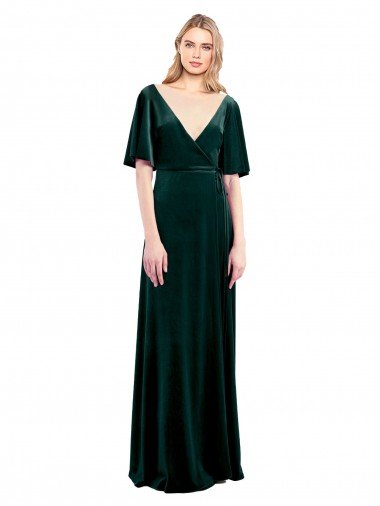 Affordable Deep V-Neck Flutter Sleeves Long Velvet Wrap Bridesmaid Dress / Prom Dress UK