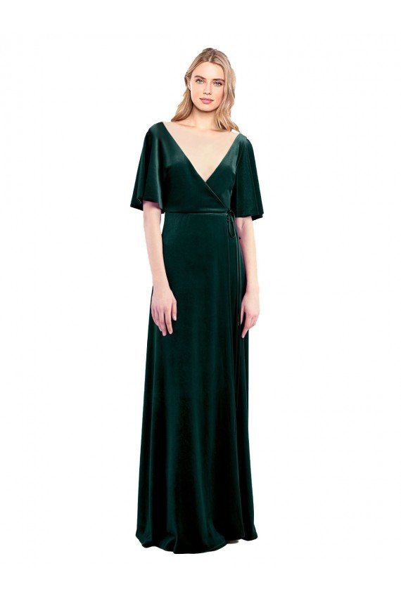 Affordable Deep V-Neck Flutter Sleeves Long Velvet Wrap Bridesmaid Dress / Prom Dress UK