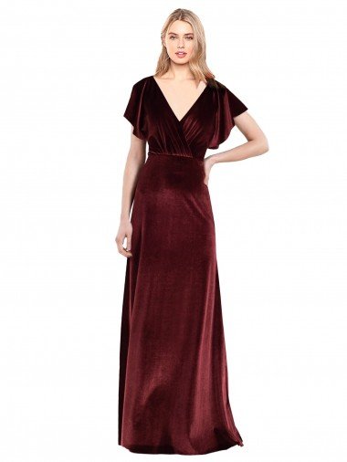 Affordable Flutter Sleeves Open Back Long Velvet Bridesmaid Dress / Prom Dress UK