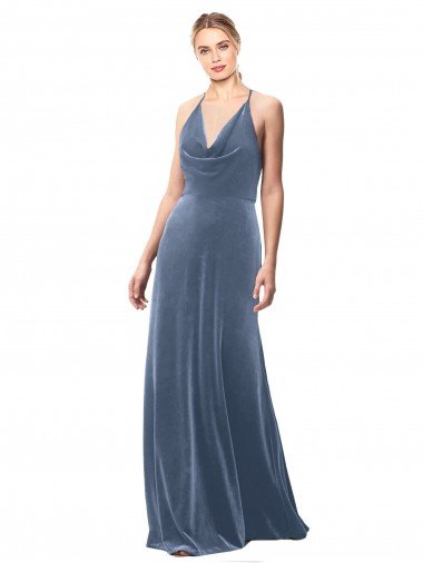 Affordable Halter Cowl Neck Long A-Line Velvet Bridesmaid Dress / Prom Dress with Keyhole Back UK