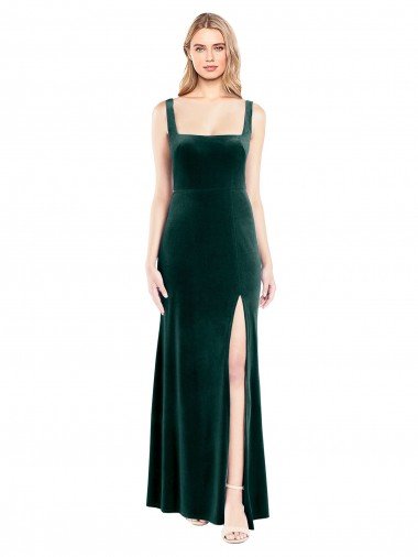 Affordable Square Neck Full Length Velvet Bridesmaid Dress / Prom Dress with Side Slit UK