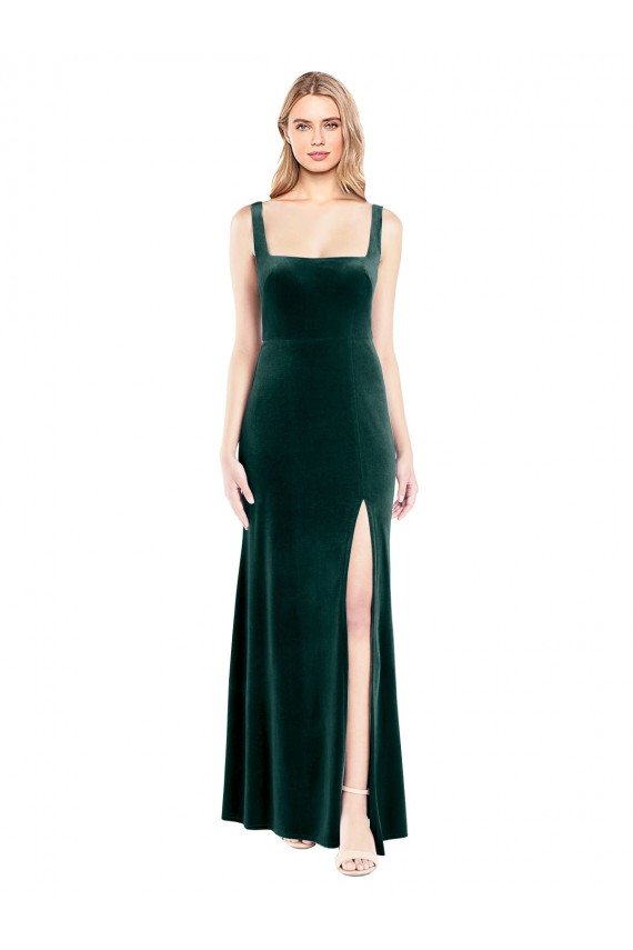 Affordable Square Neck Full Length Velvet Bridesmaid Dress / Prom Dress with Side Slit UK