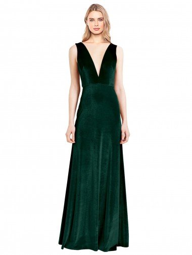 Affordable Daring Deep V-Neck Long Full Length Formal Velvet Bridesmaid Dress / Prom Dress UK