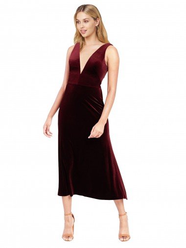 Affordable Daring Plunging V-Neckline Short Midi Cocktail Length Velvet Bridesmaid Dress / Prom Dress UK