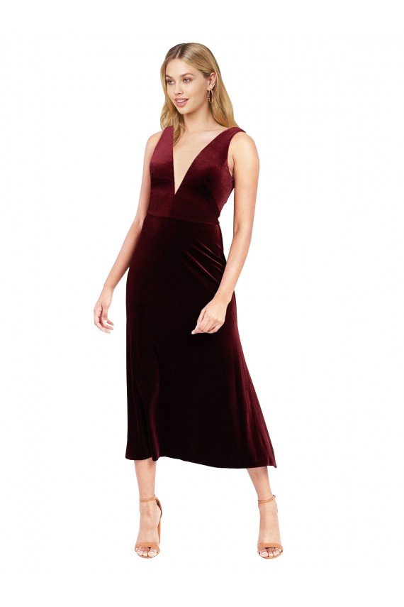 Affordable Daring Plunging V-Neckline Short Midi Cocktail Length Velvet Bridesmaid Dress / Prom Dress UK