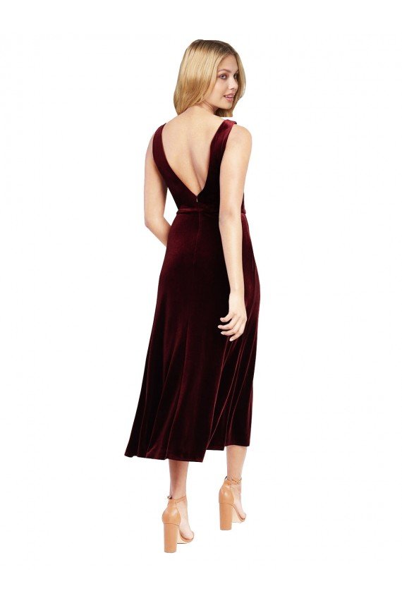 Affordable Daring Plunging V-Neckline Short Midi Cocktail Length Velvet Bridesmaid Dress / Prom Dress UK