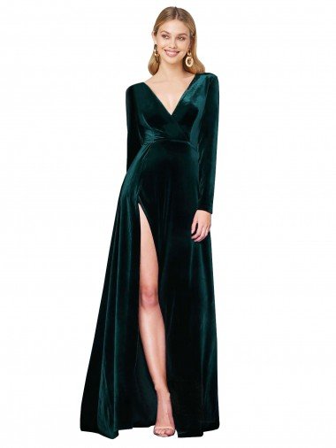 Affordable Deep V-Neck Long Sleeves Formal Velvet Bridesmaid Dress / Prom Dress with High Side Split UK