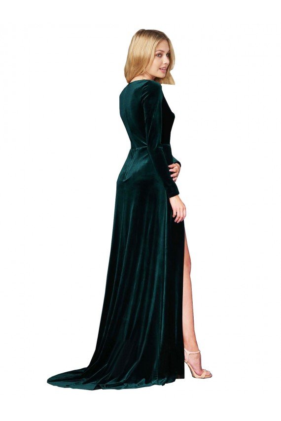 Affordable Deep V-Neck Long Sleeves Formal Velvet Bridesmaid Dress / Prom Dress with High Side Split UK