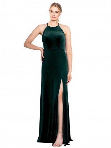 Affordable Long Jewel Neck Full Length Velvet Bridesmaid Dress / Prom Dress with Side Slit UK