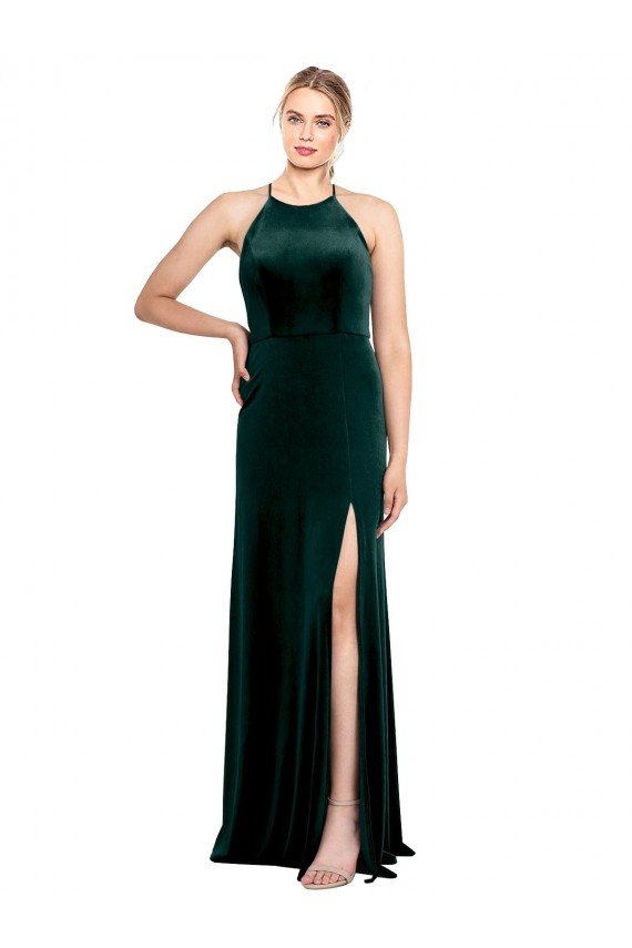 Affordable Long Jewel Neck Full Length Velvet Bridesmaid Dress / Prom Dress with Side Slit UK