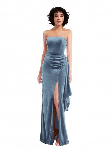 Affordable Strapless Formal Velvet Maxi Bridesmaid Dress / Prom Dress with Draped Skirt UK