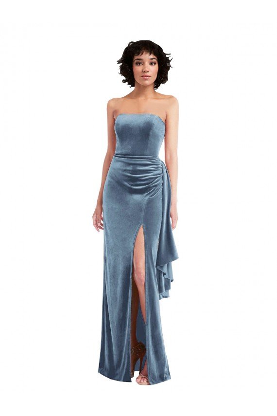 Affordable Strapless Formal Velvet Maxi Bridesmaid Dress / Prom Dress with Draped Skirt UK