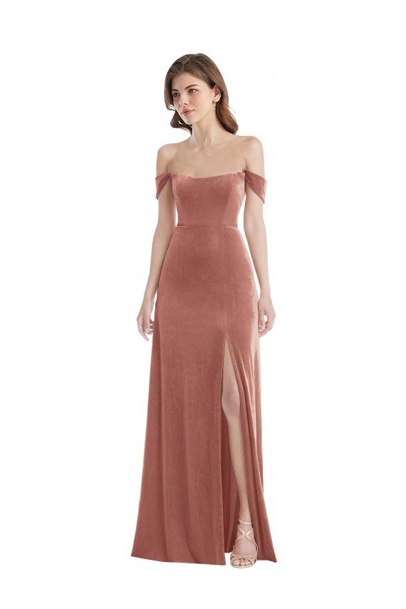 Affordable Off the Shoulder Flounce Sleeve Velvet Maxi Bridesmaid Dress / Prom Dress UK