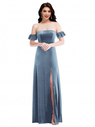 Affordable Ruffle Sleeve Off the Shoulder Velvet Maxi Bridesmaid Dress / Prom Dress UK