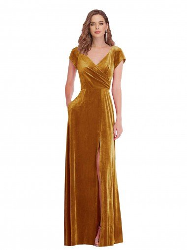 Affordable Cap Sleeve Faux Wrap Formal Velvet Maxi Bridesmaid Dress / Prom Dress with Pockets UK