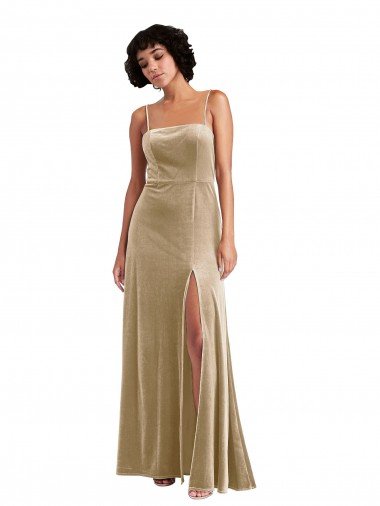 Affordable Square Neck Formal Velvet Maxi Bridesmaid Dress / Prom Dress with Front Slit UK