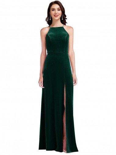 Affordable Velvet Halter Maxi Bridesmaid Dress / Prom Dress with Front Slit UK