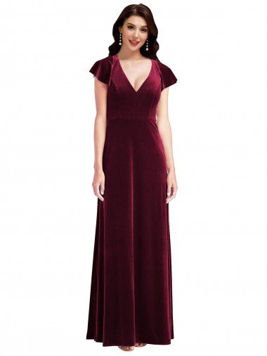 Affordable Flutter Sleeve Velvet Maxi Bridesmaid Dress / Prom Dress with Pockets UK