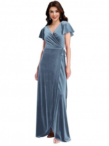 Affordable Flutter Sleeve Velvet Wrap Maxi Bridesmaid Dress / Prom Dress with Pockets UK