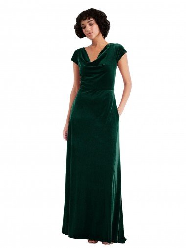 Affordable Cowl Neck Cap Sleeve Velvet Maxi Bridesmaid Dress / Prom Dress with Pockets UK