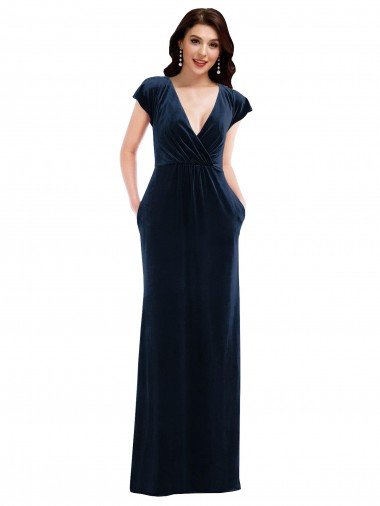 Affordable Flutter Sleeve Wrap Bodice Formal Velvet Maxi Bridesmaid Dress / Prom Dress with Pockets UK