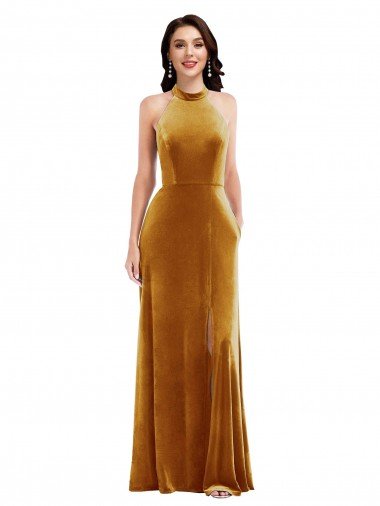 Affordable High-Neck Halter Velvet Maxi Bridesmaid Dress / Prom Dress with Front Slit UK