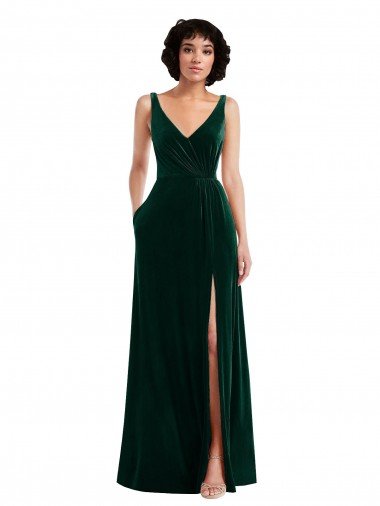 Affordable Floor Length Velvet Maxi Bridesmaid Dress / Prom Dress with Shirred Bodice and Front Slit UK