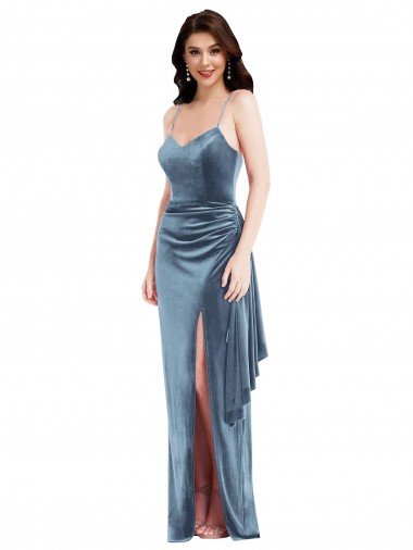 Affordable Spaghetti Strap Formal Velvet Maxi Bridesmaid Dress / Prom Dress with Draped Skirt UK