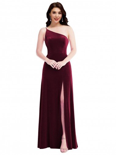 Affordable One Shoulder Spaghetti Strap Velvet Maxi Bridesmaid Dress / Prom Dress with Pockets UK