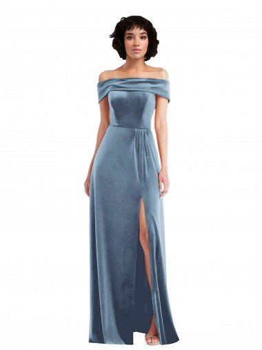 Affordable Draped Cuff Off the Shoulder Velvet Maxi Bridesmaid Dress / Prom Dress with Pockets UK