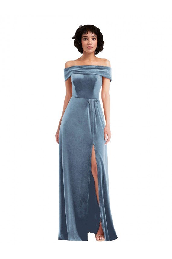 Affordable Draped Cuff Off the Shoulder Velvet Maxi Bridesmaid Dress / Prom Dress with Pockets UK