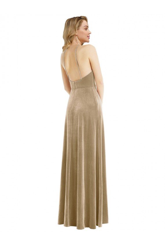 Affordable High Neck Halter Open Back Long Velvet Maxi Bridesmaid Dress / Prom Dress UK