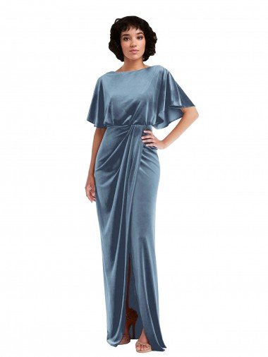 Affordable Flutter Sleeve Open Back Velvet Maxi Bridesmaid Dress / Prom Dress with Draped Wrap Skirt UK