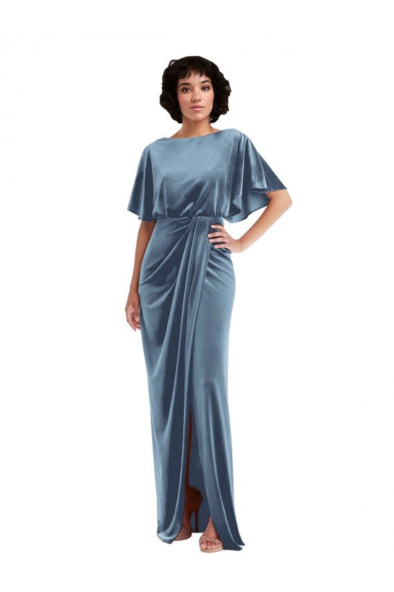 Affordable Flutter Sleeve Open Back Velvet Maxi Bridesmaid Dress / Prom Dress with Draped Wrap Skirt UK