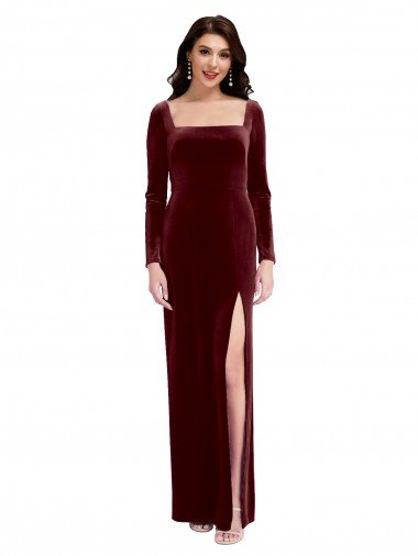 Affordable Sleek Square Neck Spaghetti Straps Velvet Bridesmaid Dress / Prom Dress with Side Slit UK