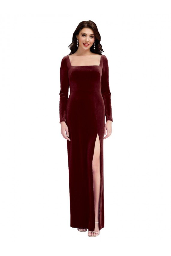 Affordable Sleek Square Neck Spaghetti Straps Velvet Bridesmaid Dress / Prom Dress with Side Slit UK