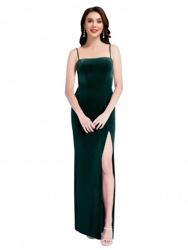 Affordable Straight Neckline Spaghetti Straps Long Velvet Bridesmaid Dress / Prom Dress with High Side Slit UK