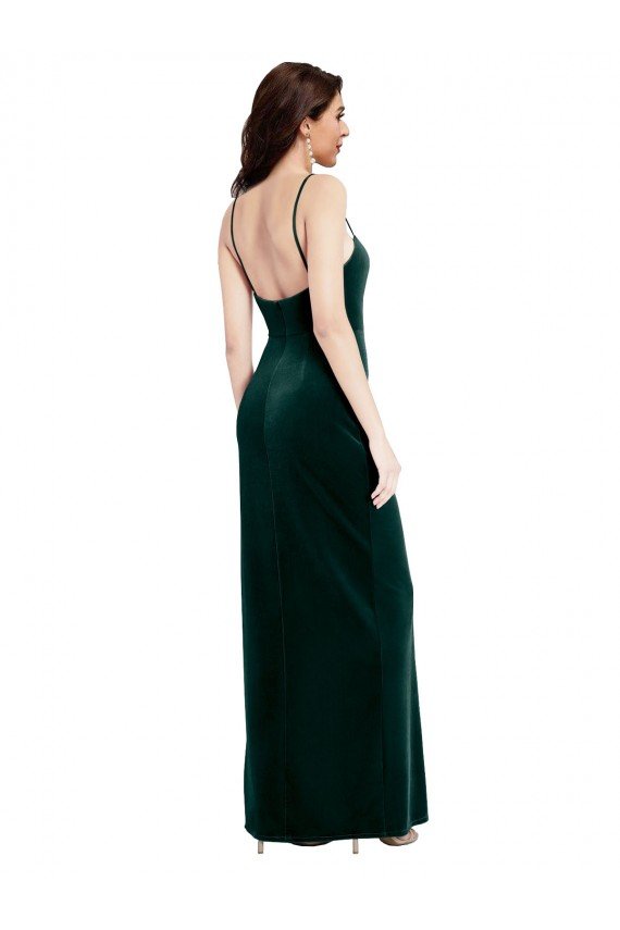 Affordable Straight Neckline Spaghetti Straps Long Velvet Bridesmaid Dress / Prom Dress with High Side Slit UK