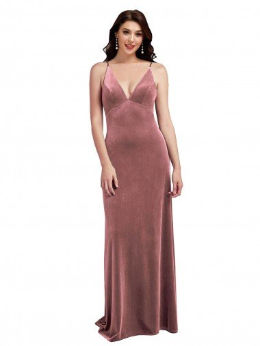 Affordable Low Scoop Back Long V-Neck Formal Velvet Slip Bridesmaid Dress / Prom Dress UK