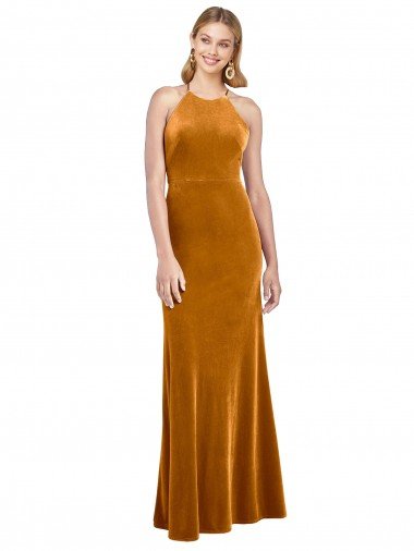 Affordable Halter Neckline Long Full Length Formal Velvet Bridesmaid Dress / Prom Dress with Strappy Back UK