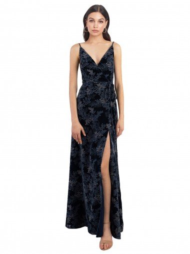 Affordable Floral Velvet Surplice V-Neck Long Bridesmaid Dress with V-Back UK