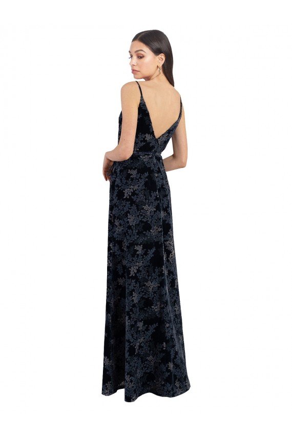 Affordable Floral Velvet Surplice V-Neck Long Bridesmaid Dress with V-Back UK